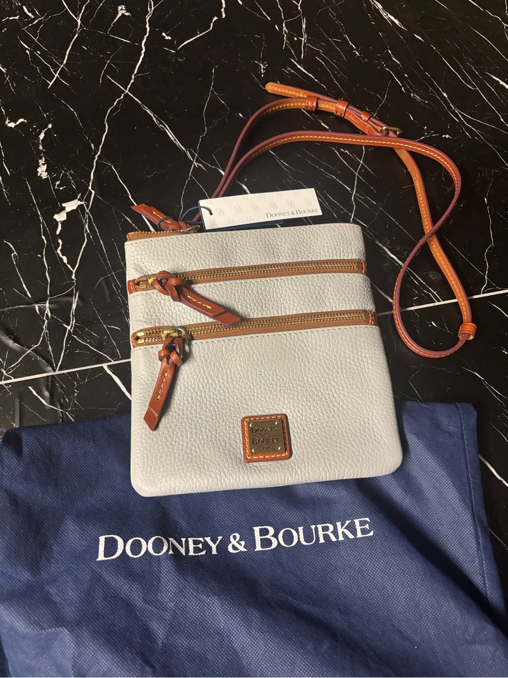 Dooney & Bourke Light Gray Pebble Leather Crossbody with Tan/brown Trim